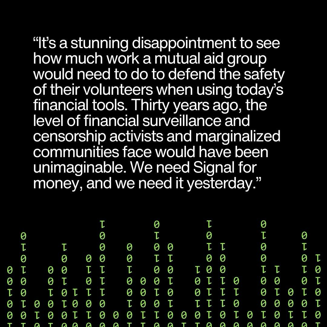 White text box with a quote about the increased risks faced by financial aid volunteers and activists, above a background with green binary code on black